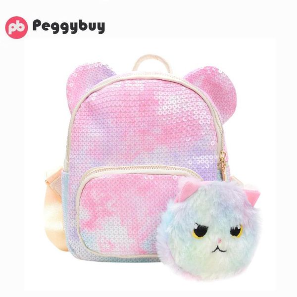 

cute ears decor travel backpacks sequins women kids plush pendant knapsack preppy style school bags chirdren pink bling backpack
