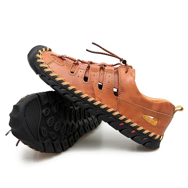 

men's summer sandals hollowed out breathable sandals male real leather casual beach shoes outdoor fashion sandals, Black