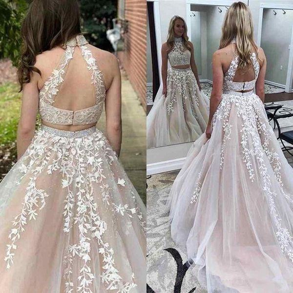 

Gorgeous Appliqued Lace Tulle Prom Dresses High Neck Ivory Champagne Backless 2019 sweet girl 16 Gowns Two Piece homecoming Dresses