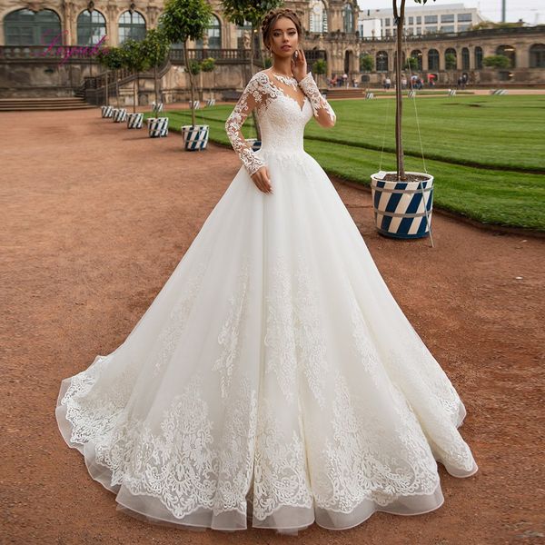 

liyuke 2019 новое бальное платье свадебное платье с длинными рукавами кружевные аппликации назад иллюзия сделано на заказ размер длиной до п, White