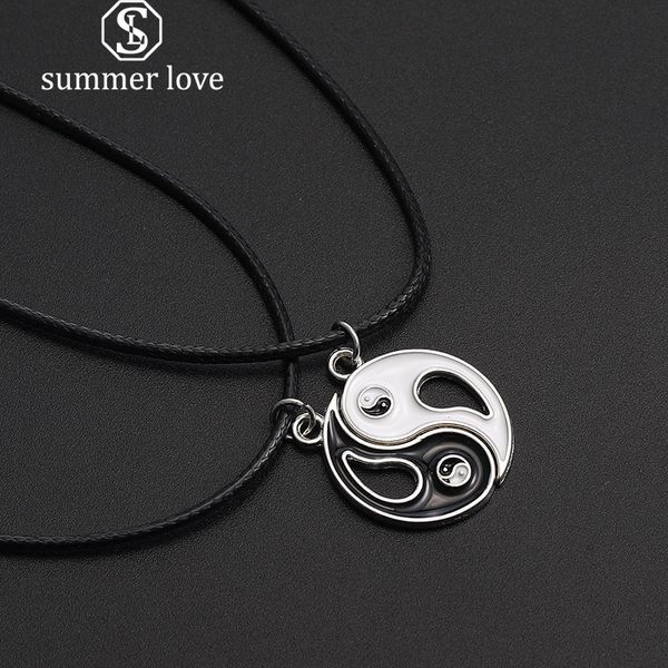 

black white splice gossip pendant necklace for women men leather rope couple tai chi yin yang necklace fashion jewelry gift, Silver