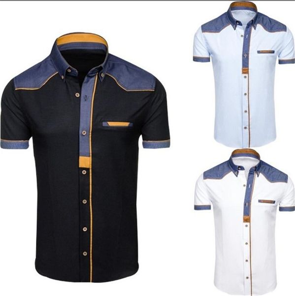 

designer patchwork short sleeve mens shirts turn down collar skinny teenager shirts summer male, White;black