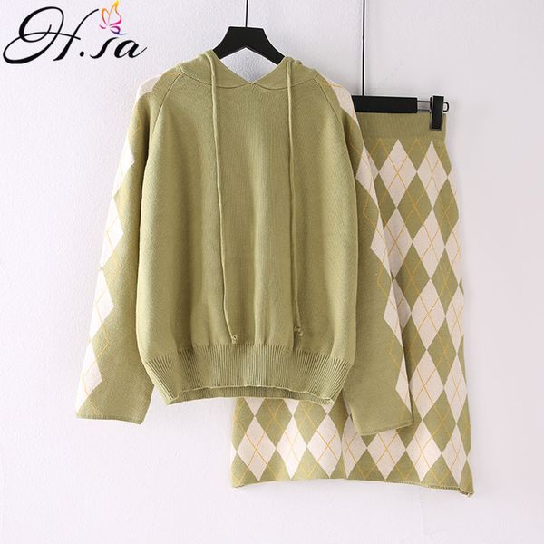 

h.sa female sweater and pullovers casual jumpers hooded two piece pullover and skirt sets knit suit geomertric casual outwear, White;black