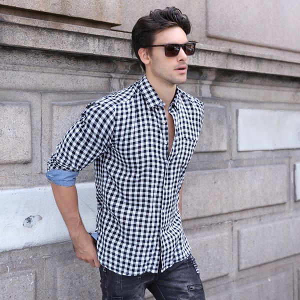 

2018 autumn fashion men shirt long sleeves soft feel plaid solid color mens dress shirts slim men casual male shirts s-xxl, White;black