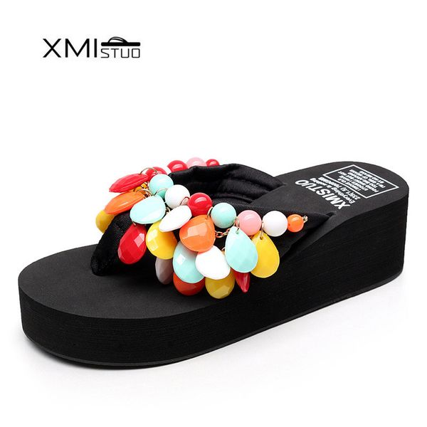 

xmistuo student casual wild handmade beaded hand sewn sandals slippers with thick soles muffin beach shoes slippers so cool shoe, Black