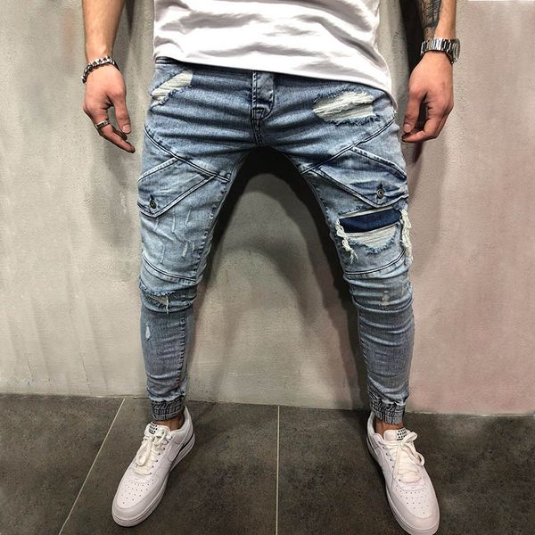 

new mens skinny jeans casual slim biker jeans denim knee hole hiphop ripped pants washed ing, Blue