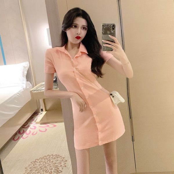 

2020 summer new lapel knitted front buckle slim slimming hip ageing temperament dress women, White;black