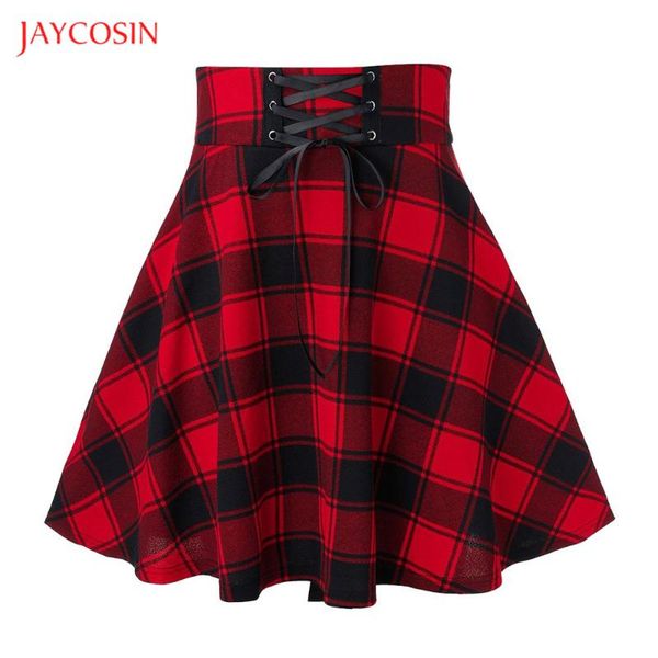 

jaycosin women fashion casual short skirt plaid printing splicing frenulum a-line mini skirt elastic waist lace up skirts, Black