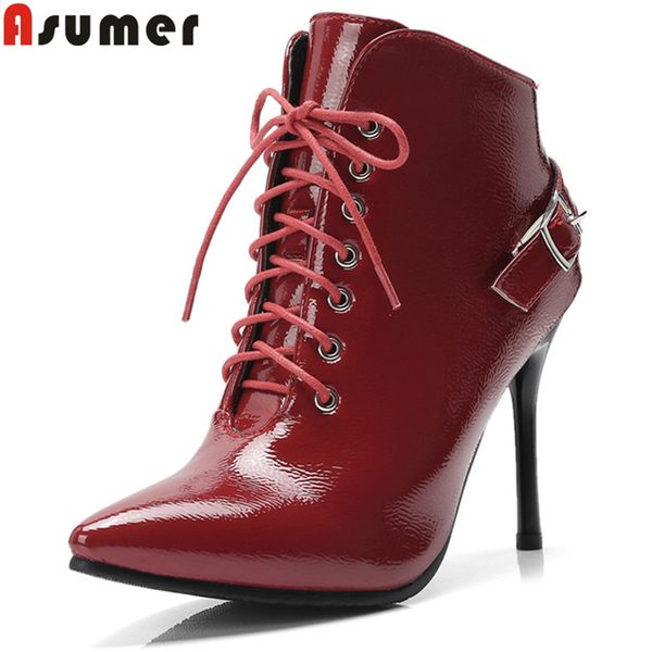 

asumer big size fashion ankle boots for women pointed toe lace up autumn winter boots super high thin heels ladies prom, Black