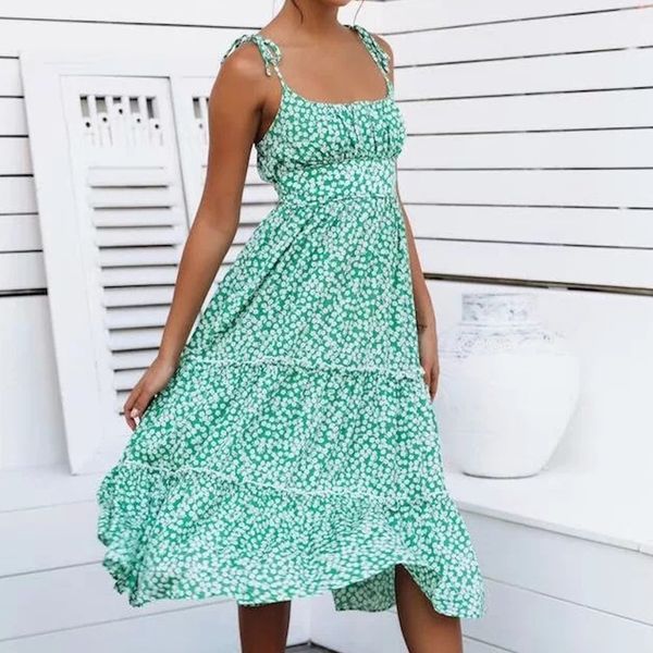 

floral maxi ruffles vintage dress 2019 summer strap green long dress vintage bohemian women beach big swing vestidos, Black;gray