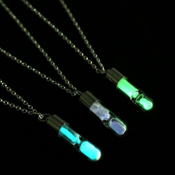 

new glass phosphor chains necklace glow in the dark luminous sand timer glass tube hourglass bottle womens necklaces jewelry 3 colors choose, Silver