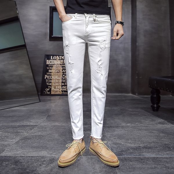 

orinery white skinny jeans men elastic ripped jeans fashion solid distressed denim pants casual clothes, Blue