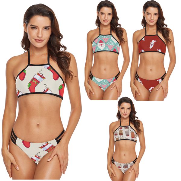 

wholesale women's bikini sets new printed halter tankini set two piece triangle beach bathing suit, White;black