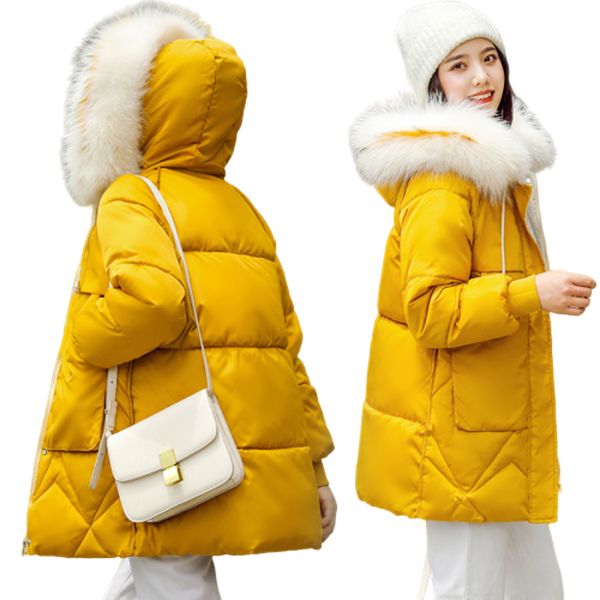 

корейские женщины проложенного зимнее пальто женщины моды тонкая толстая теплый с капюшоном вниз хлопок куртка с искусственным меховым ворот, Black