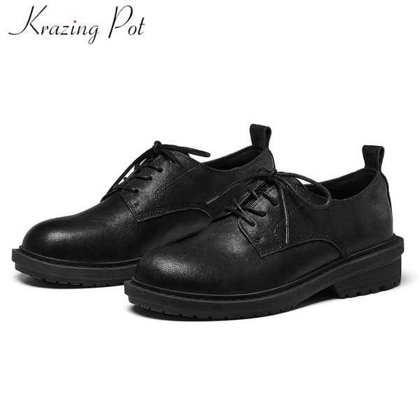 

krazing pot soft genuine leather vintage preppy style med heels round toe lace up women solid basic streetwear cozy pumps l65, Black