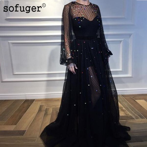 

black muslim evening dresses 2019 a-line long sleeves tulle crystals islamic dubai saudi arabic long formal evening gown, White;black