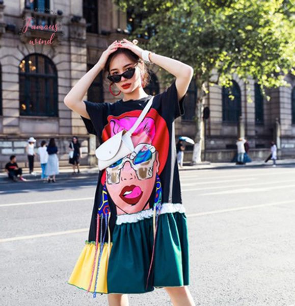 

2020 spring and summer big size dress streetwear 1 2 sleeve cotton dress self portrait dress cartoon knee length, Black;gray