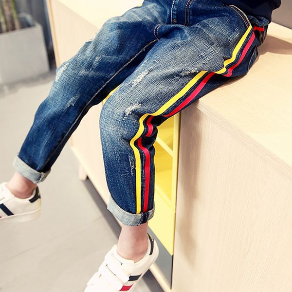 

kids denim trousers children's jeans for boys teenager school 2019 spring autumn cotton lace ripped skinny jeans pants infantil, Blue