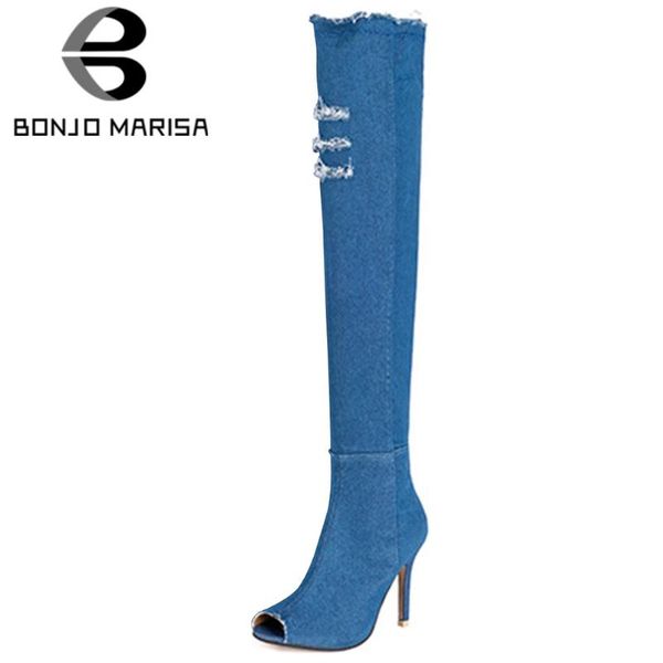 

bonjomarisa new ladies spring fashion over the knee denim boots cool peep toe thigh high boots women high heel shoes woman, Black