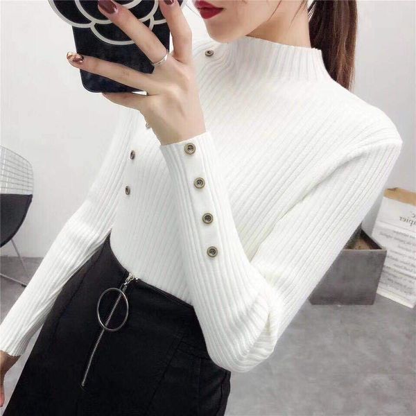 

new fashion button turtleneck sweater women spring autumn solid knitted pullover women slim soft jumper sweater female knit, White;black