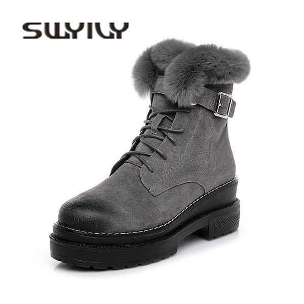 

swyivy high ankle boots woman rabbit fur 2018 winter quality genuine leather female fahsion snow boots platform winter shoes mx200324, Black