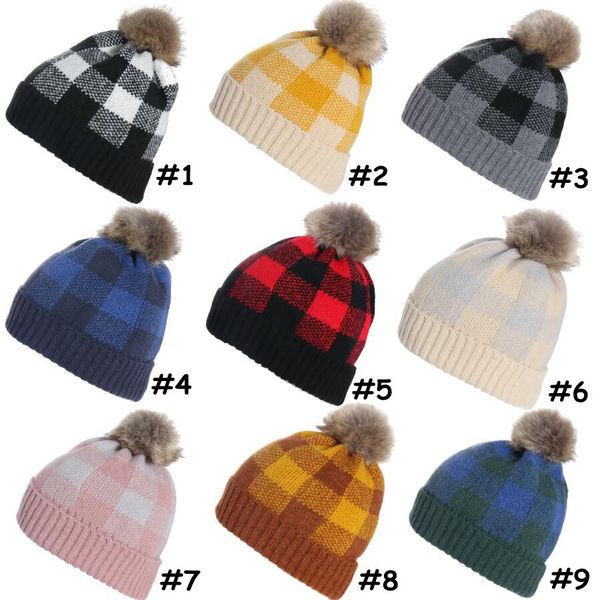 

parent-child pompom beanies plaid knitted cap cute baby cap 9 colors winter hat outdoor sports ski hat skull caps cca11873 60pcs, Blue;gray