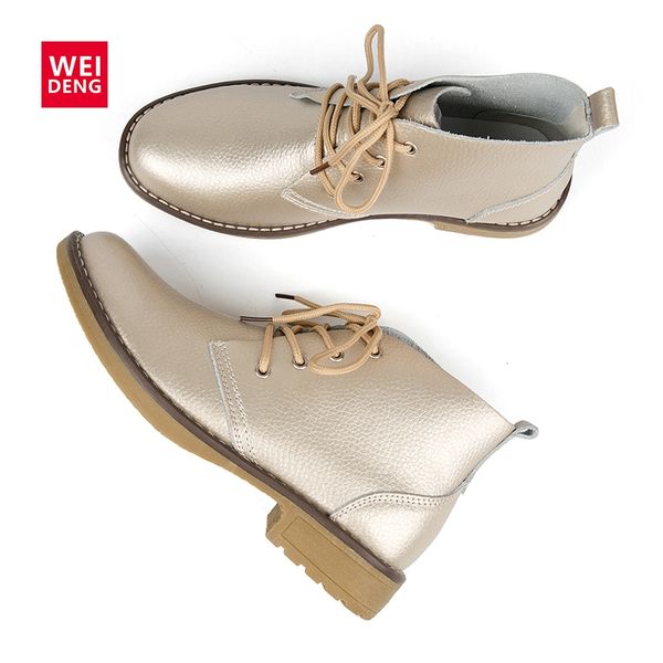 

weideng genuine leather ankle boots women classic matin fashion flats winter lace up high casual waterproof shoes female, Black