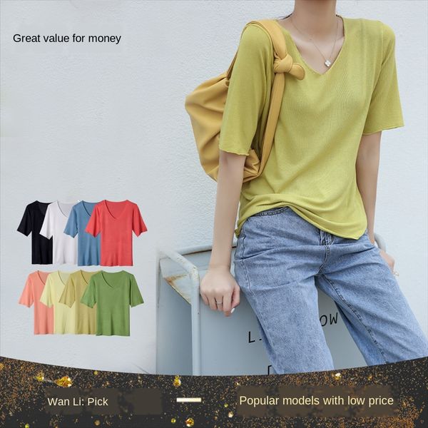 

8-color 2020v collar solid color short-sleeved t-shirt female personality all-match pullover t-shirt pullover knitted, White