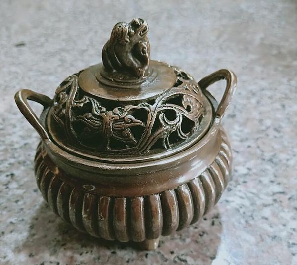 Античная Оптовая Brass Crafts Резная Дважды Уши Крышки Censer Курильница Украшение Daming Xuande