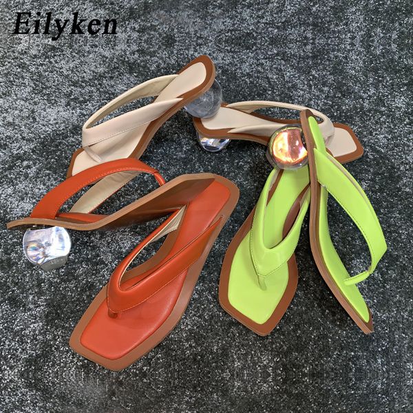 

eilyken new design transparent crystal round heel shoes summer beach comfortable square toe flip flops slippers big size 43, Black