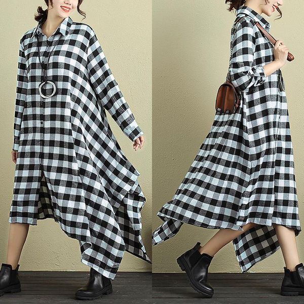 

women casual loose long sleeves oversized cotton checked plaid shirt blouse turn down collar asymmetrical long kaftan, White