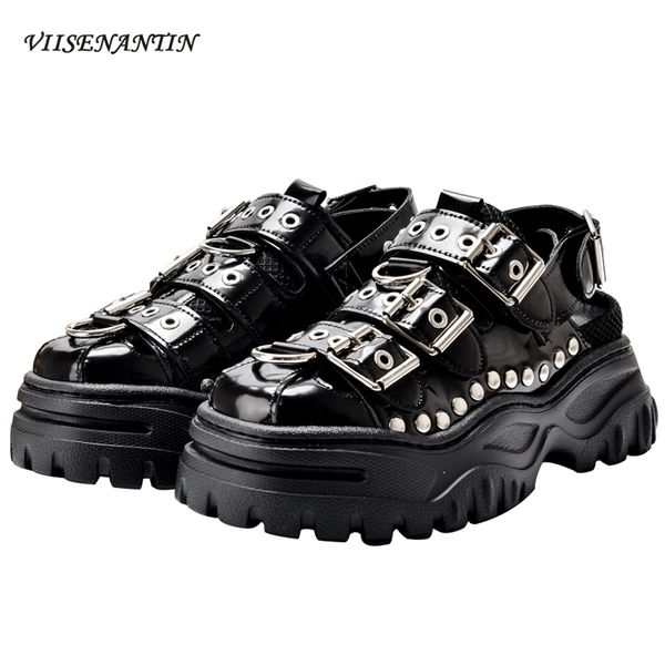 

ins tide shoes sandals cool rivet muffin platform sandals women buckles strap hollow out sandalias punk style street shoe, Black