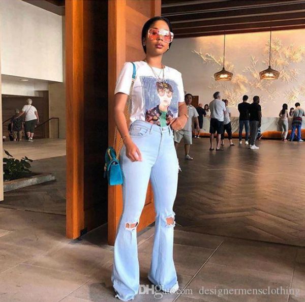 

fashion vintage women flare jeans summer light blue skinny ripped jeans ladies zipper fly long pants
