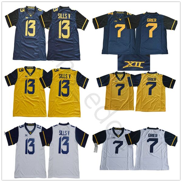 

ncaa west virginia mountaineers 7 will grier jersey white yellow navy blue stitched xii patch #13 david sills v college football jerseys, Black