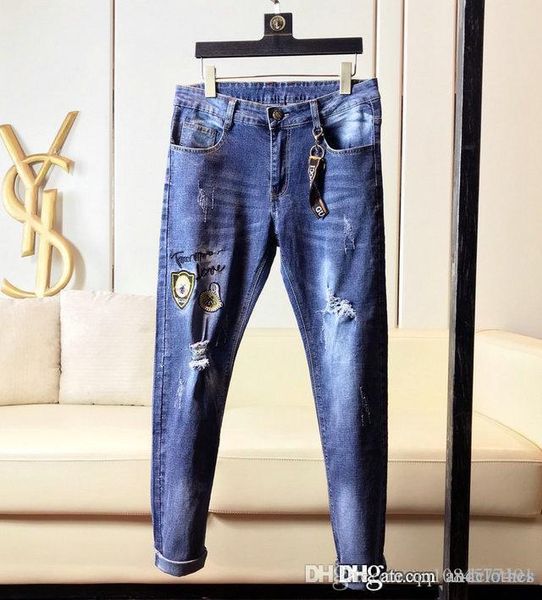 

2019 высшего качества мужчин дизайнер мужской рваные узкие джинсы известный бренд дизайнер джинсы роскошные джинсы мужчин мода мужские джинс, Blue