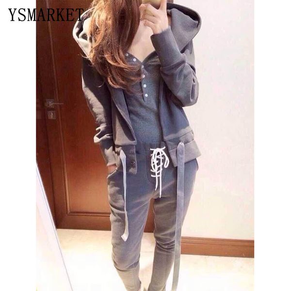 

2018 women autumn active sets grey leisure knitted camis hoodies sweatshirts long pants three pieces sets solid female saeom1040, White;black