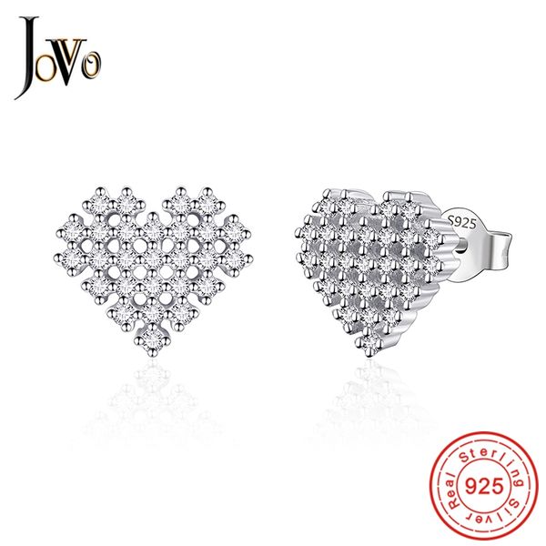

jovo trendy women heart stud sterling 100% 925 earrings cubic zircon wedding gift for women lady girl party heart earring gift, Golden;silver