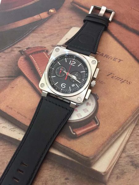 

elling black dial 46 outdoor instrument br heritage square mens watches quartz chronograph watch black leather strap wristwatches, Slivery;brown