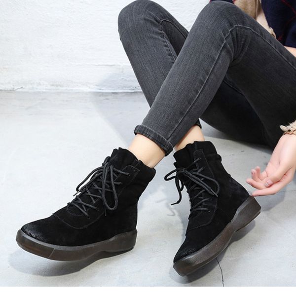 

women leather boots flat heels black warm shoes winter lady genuine leather women ankle boots plus size 43 handmade