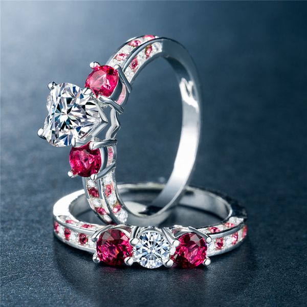 

wholesale- european and american ladies ring fashion heart-shaped imitation diamond inlaid zircon copper silver plated combination ring