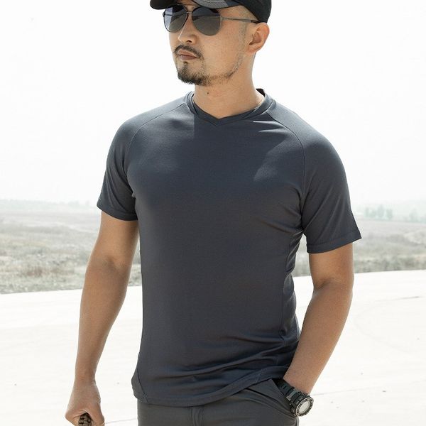 

summer quick dry tactical t-shirt thin stretch breathable short sleeve t shirt men outdoor training sports hiking t-shirt, Gray;blue