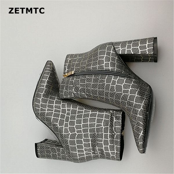 

new boots 2019 women's zipper boots snake ankle square heel fashion pointed ladies shoes yellow 35-43, Black