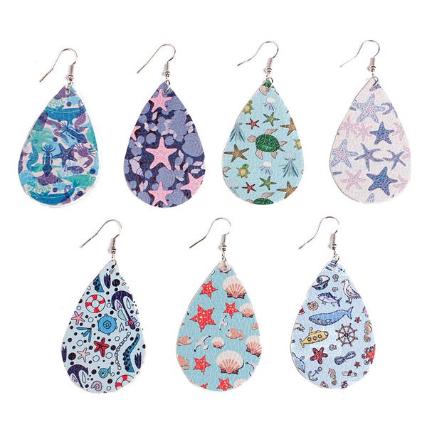 

selling print starfish turtle teardrop pu leather hook earrings for women beach water drop ocs dangle earrings summer jewelry, Silver