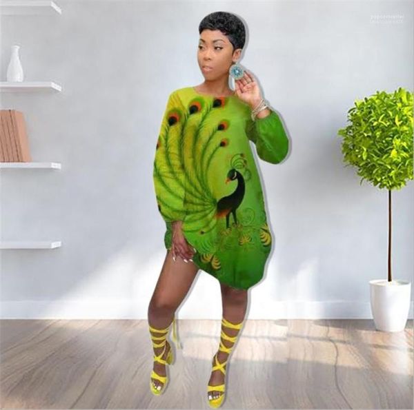 

футболка платье мода женские повседневные свободные платья женские дизайнерские павлин печати платье зеленый с длинным рукавом лето, Black;gray