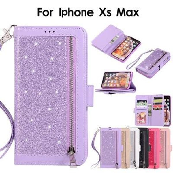 

многофункциональный искрящийся кожаный бумажник чехол для iphone 11 pro xs max xr x 10 8 7 6 молния id слот для карт bling glitter sparkly l