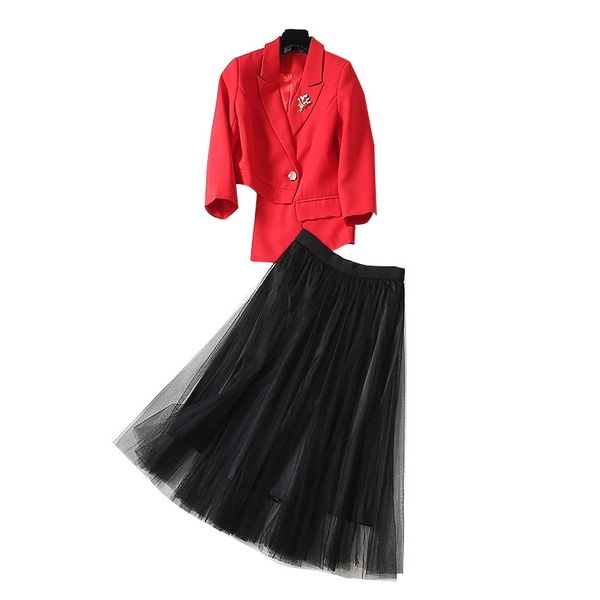 

2020 european and american latest irregular waist suit + mesh tulle skirt high-quality two-piece suit, White;black