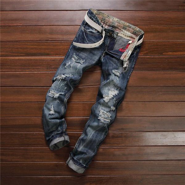 

mens designer blue hole slim straight jeans 953
