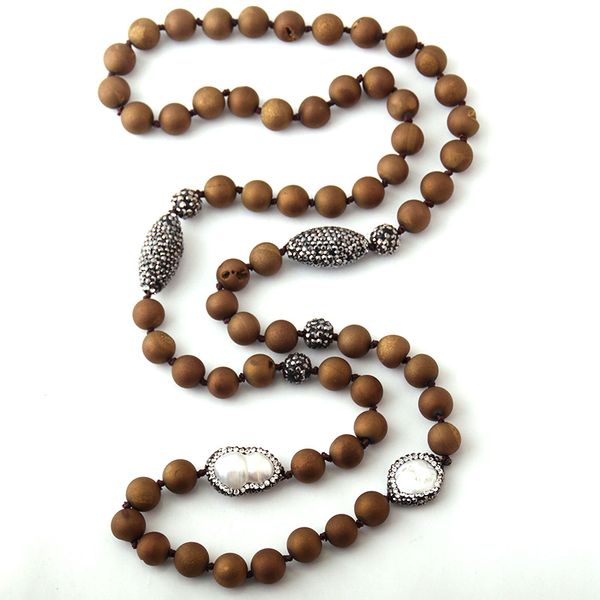 

fashion natural druzy beads knotted halsband handmake stones and pearl beads stone necklace, Silver