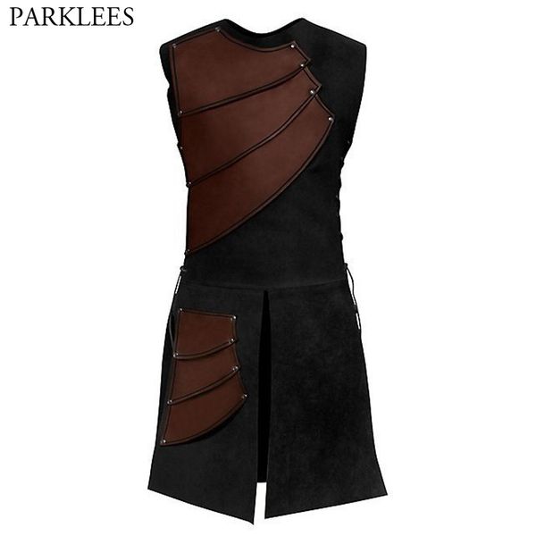 

mens punk rock bandage long steampunk vest 2019 brand new patchwork front split medieval waistcoat men cosplay gothic costume, Black;white