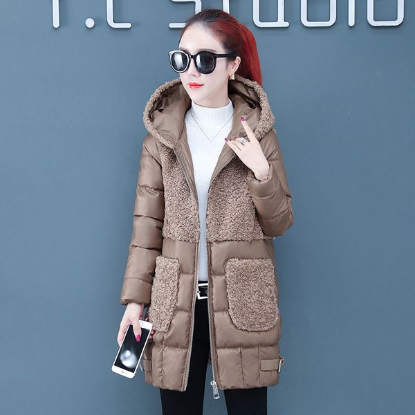 

women solid hoodies down coat 2019 new korean winter fashion splice lambswool zipper pockets slim thickening long outerwear, Black